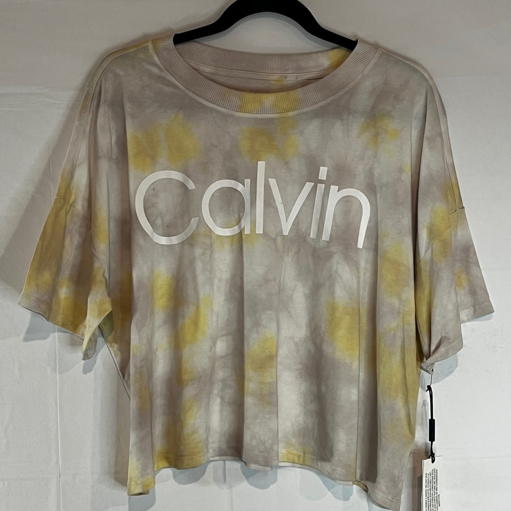 Calvin Klein Performance Womens Tie Dye Logo T-Shirt Yellow Grey XL PF1T3977